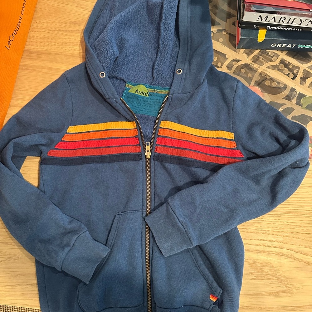 Aviator Nation Blue Hoodie with Red and Yellow Stripes